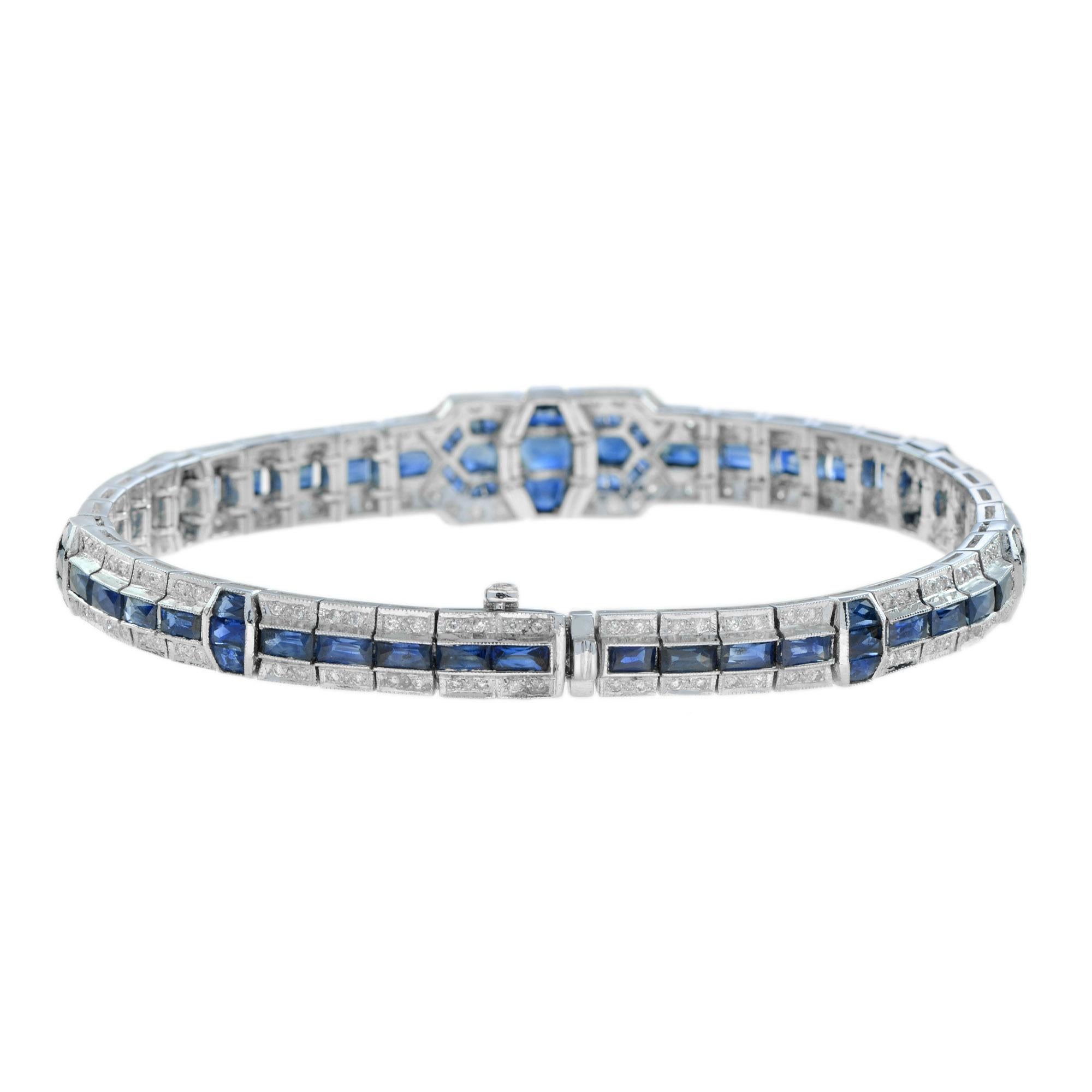This elegant, Art Deco inspired bracelet is simply magnificent as it features 74 French cut blue sapphires and 152 diamonds in 18k white gold. Renowned for their allure and ranges of blues; sapphires are considered a symbol of love, loyalty, and