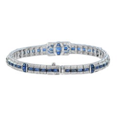 Zaffiro blu in stile Art Deco e Bracciale Tennis con diamanti, unico in oro bianco 18 carati