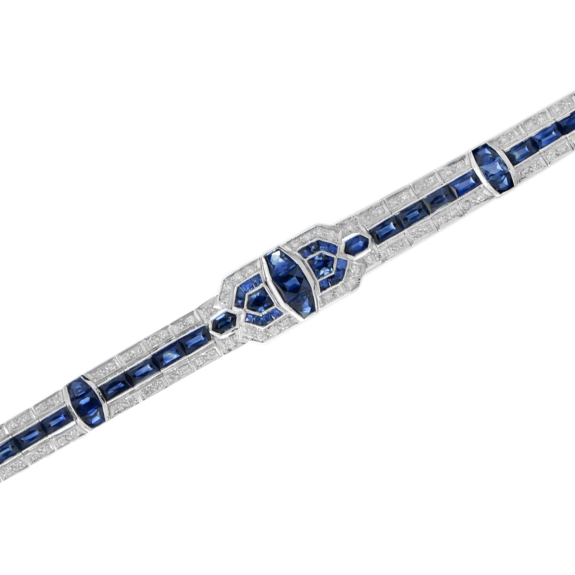 Art Deco Style Blue Sapphire &  Diamond Tennis Unique 18K White Gold Bracelet Art Decó en venta