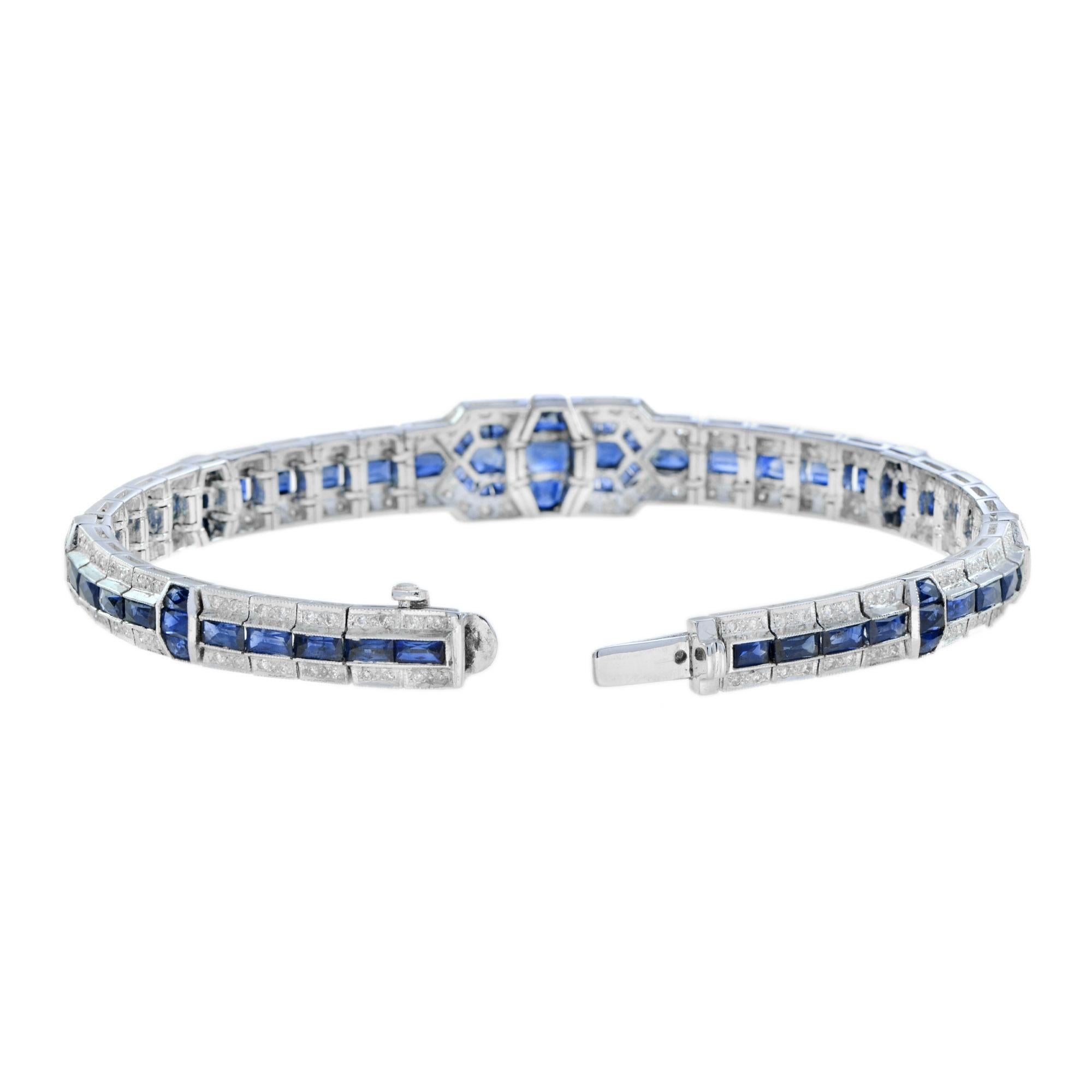 Art Deco Style Blue Sapphire &  Diamond Tennis Unique 18K White Gold Bracelet Corte francés en venta