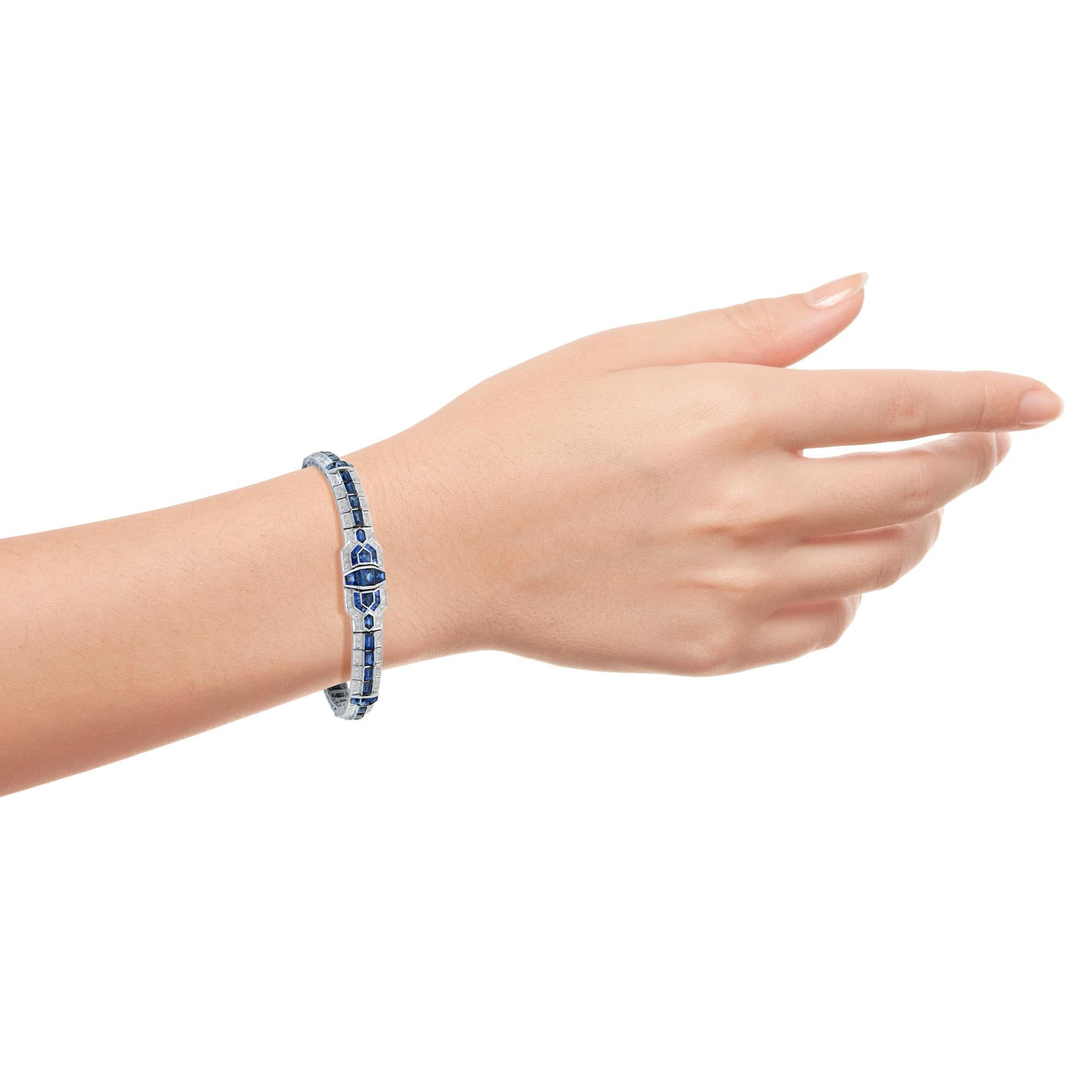 Art Deco Style Blue Sapphire &  Diamond Tennis Unique 18K White Gold Bracelet en Nuevo estado para la venta en Oakton, VA