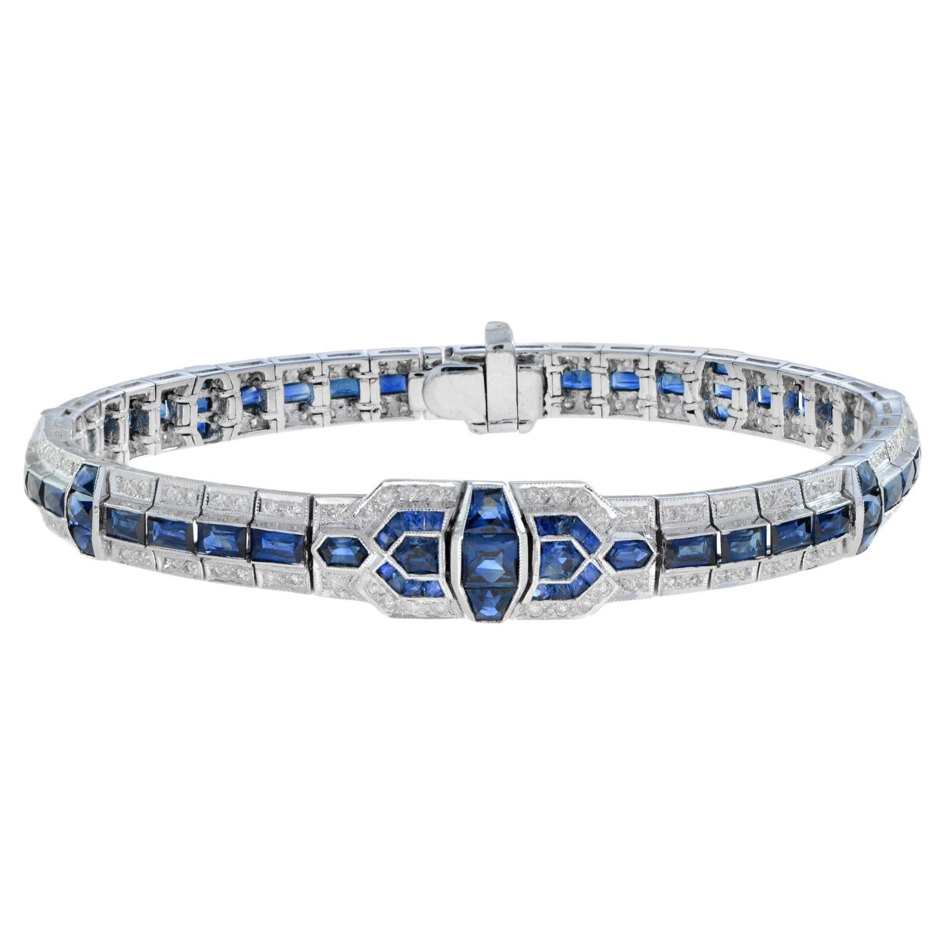 Art Deco Style Blue Sapphire &  Diamond Tennis Unique 18K White Gold Bracelet