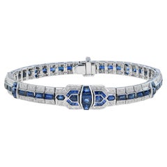 Art Deco Style Blue Sapphire &  Diamond Tennis Unique 18K White Gold Bracelet