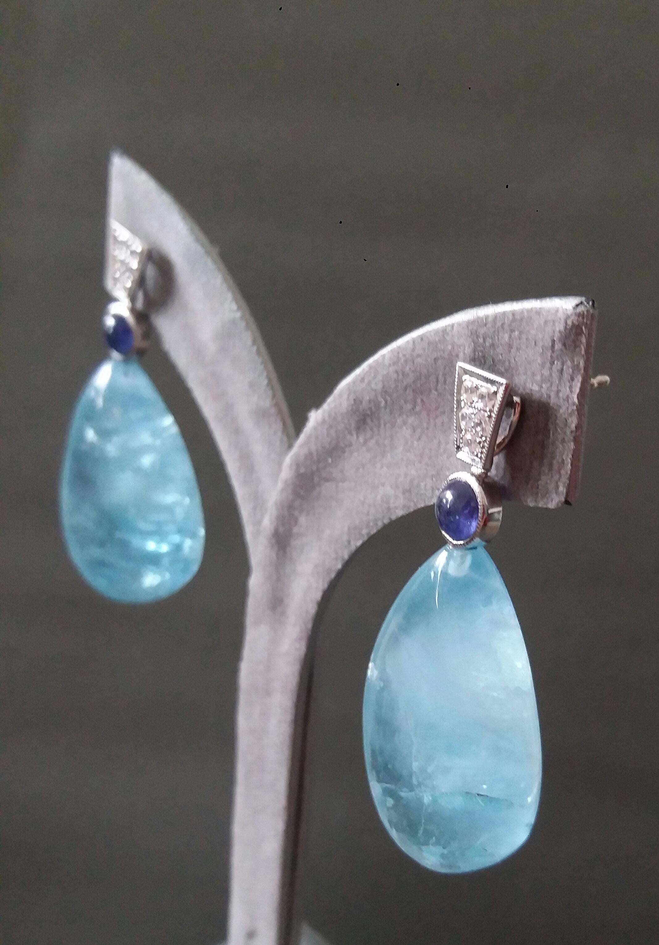 Art Deco Style Blue Sapphire Diamonds 14 Kt White Gold Aquamarine Drops Earrings For Sale 5