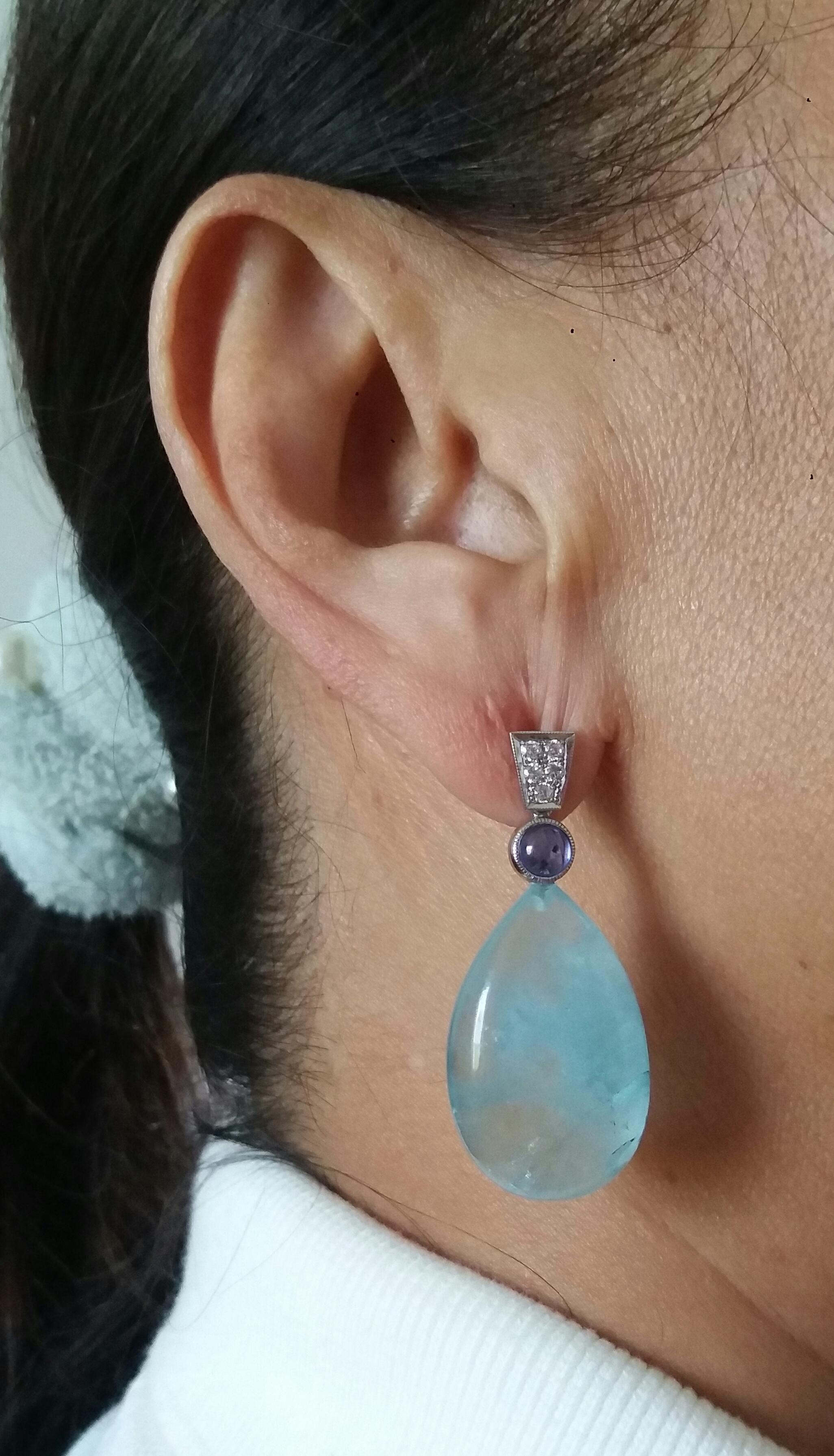 Orecchini con gocce di acquamarina in oro bianco 14 kt in stile Art Deco con zaffiro blu e diamanti in vendita 5