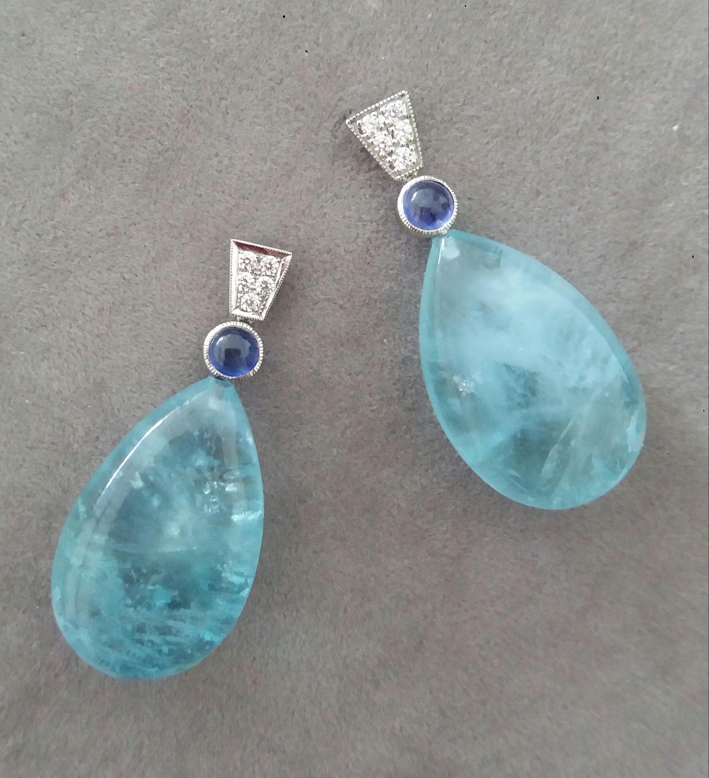Pear Cut Art Deco Style Blue Sapphire Diamonds 14 Kt White Gold Aquamarine Drops Earrings For Sale