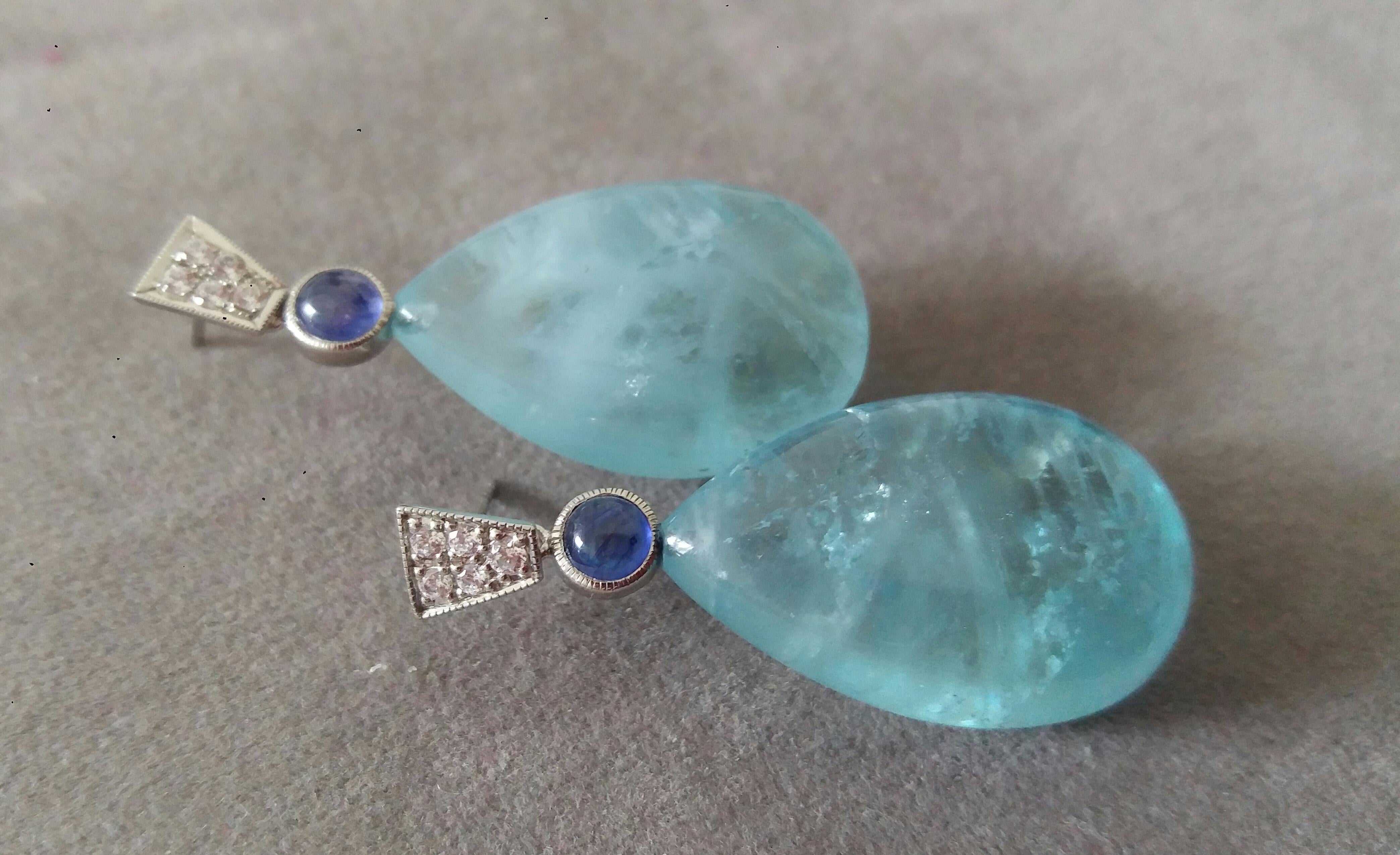 Art Deco Style Blue Sapphire Diamonds 14 Kt White Gold Aquamarine Drops Earrings In Good Condition For Sale In Bangkok, TH