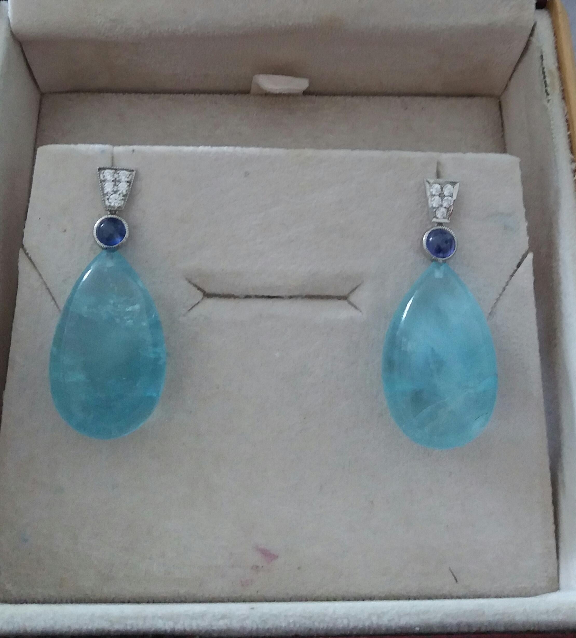 Art Deco Style Blue Sapphire Diamonds 14 Kt White Gold Aquamarine Drops Earrings For Sale 1