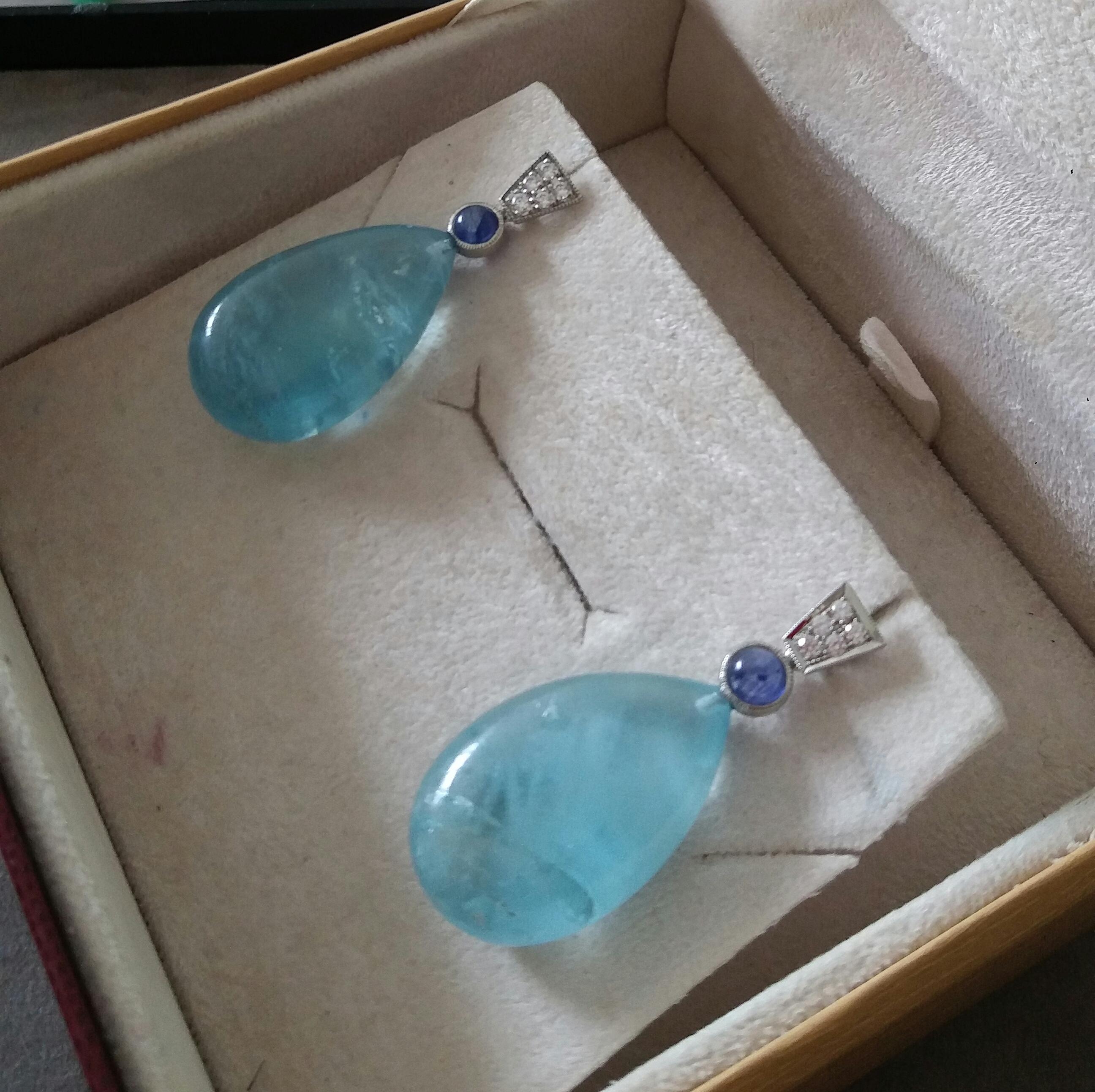 Art Deco Style Blue Sapphire Diamonds 14 Kt White Gold Aquamarine Drops Earrings For Sale 2