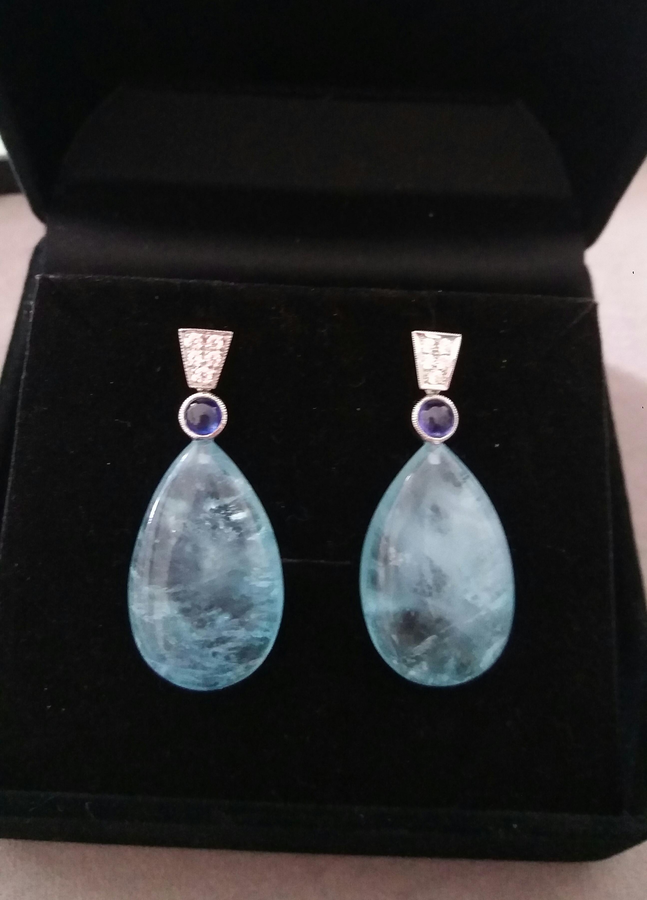 Art Deco Style Blue Sapphire Diamonds 14 Kt White Gold Aquamarine Drops Earrings For Sale 3