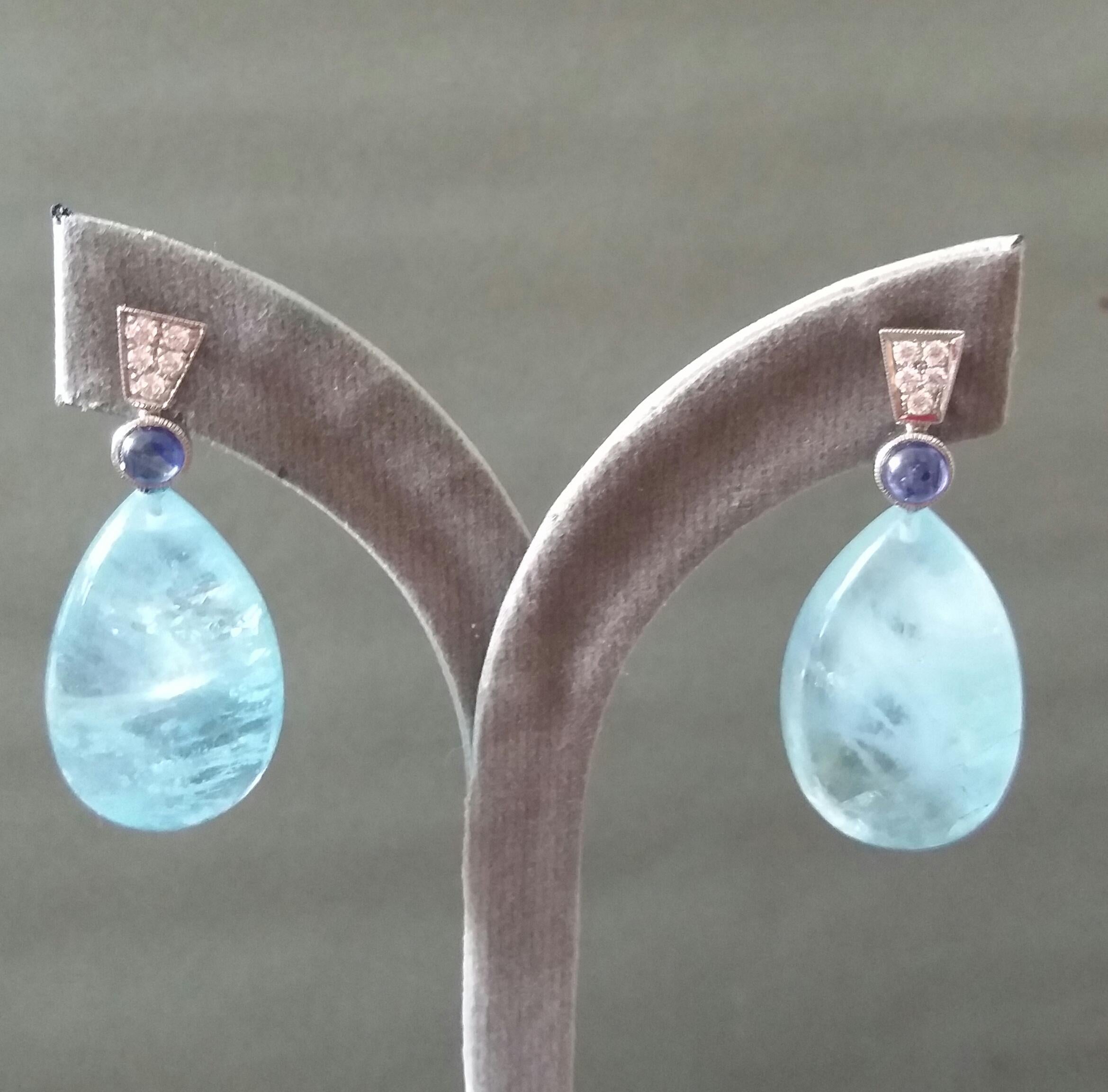 Art Deco Style Blue Sapphire Diamonds 14 Kt White Gold Aquamarine Drops Earrings For Sale 4