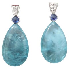 Orecchini con gocce di acquamarina in oro bianco 14 kt in stile Art Deco con zaffiro blu e diamanti