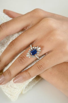 Art Deco Style Blue Sapphire Diamonds Wedding Ring in 18k White Gold for Women