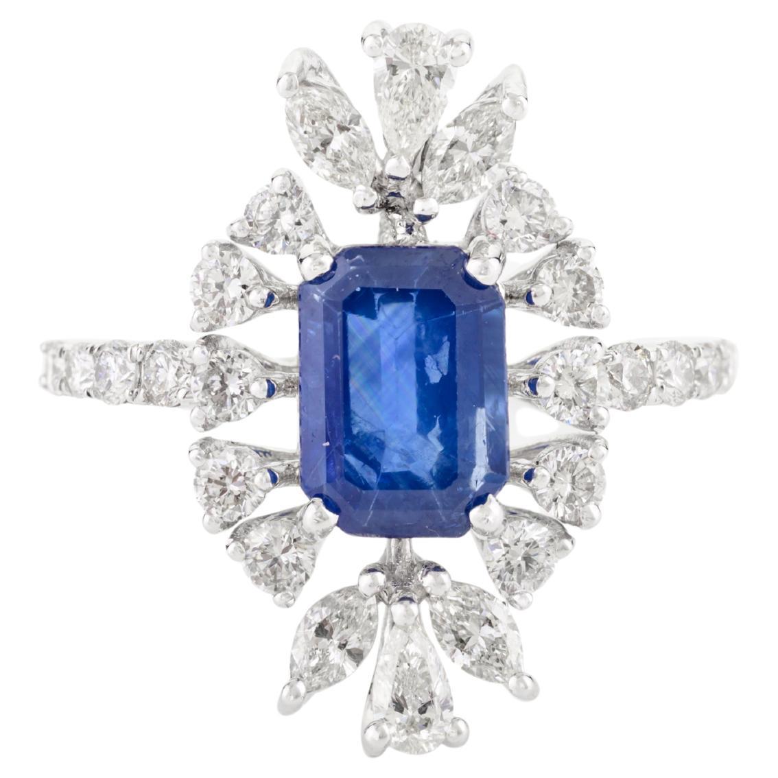 Art Deco Style Blue Sapphire Diamonds Wedding Ring in 18k White Gold for Women