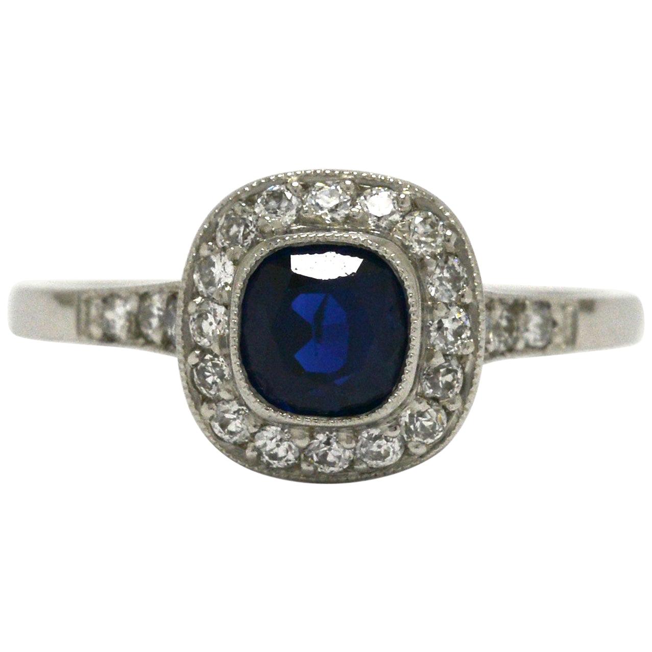 Art Deco Style Blue Sapphire Engagement Ring Diamond Halo Platinum Target