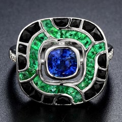 Art Deco Style Blue Sapphire & Green Emerald Black Onyx Cushion White Gold Ring