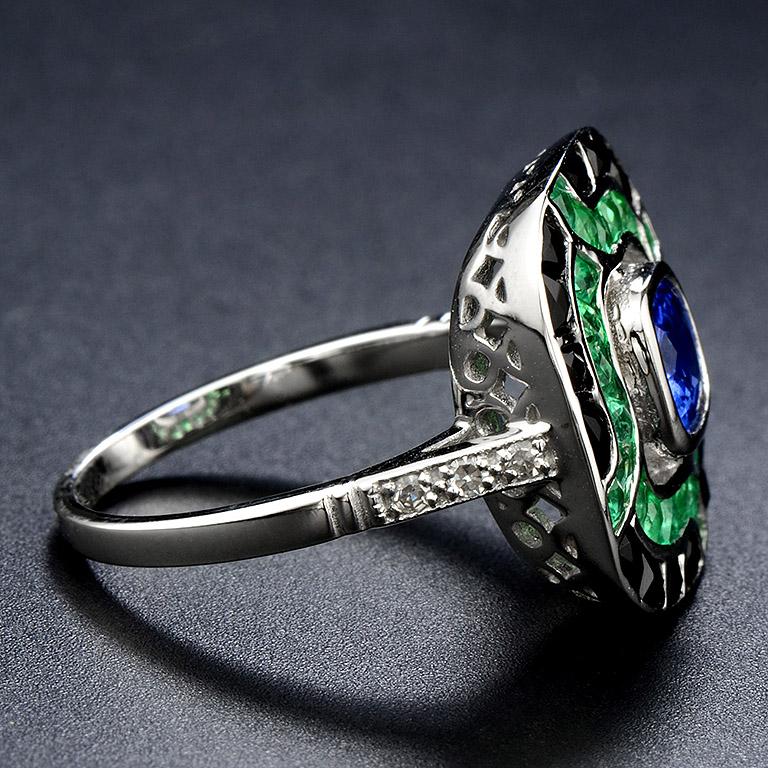 Anello in oro bianco con zaffiro blu e smeraldo verde, onice nero, in stile Art Déco In condizioni Nuovo in vendita a Oakton, VA