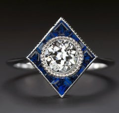 Art Deco Style Blue Sapphire Old Mine Cut Diamond Ring