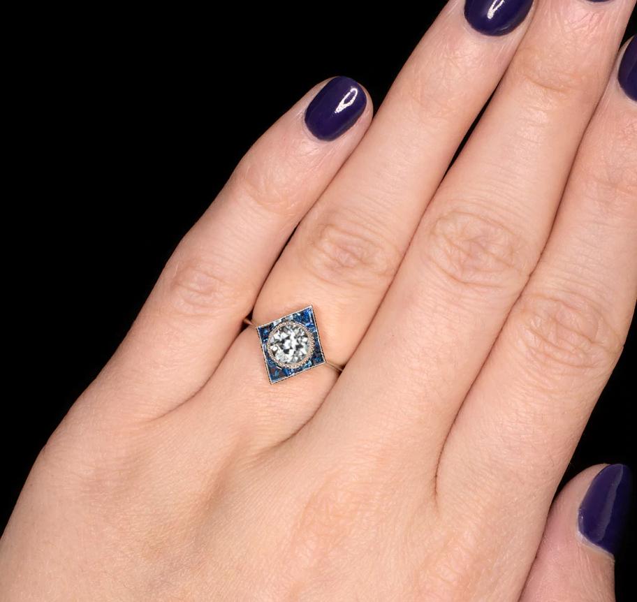 Art Deco Style Blue Sapphire Old Mine Cut Diamond Ring In New Condition For Sale In Rome, IT