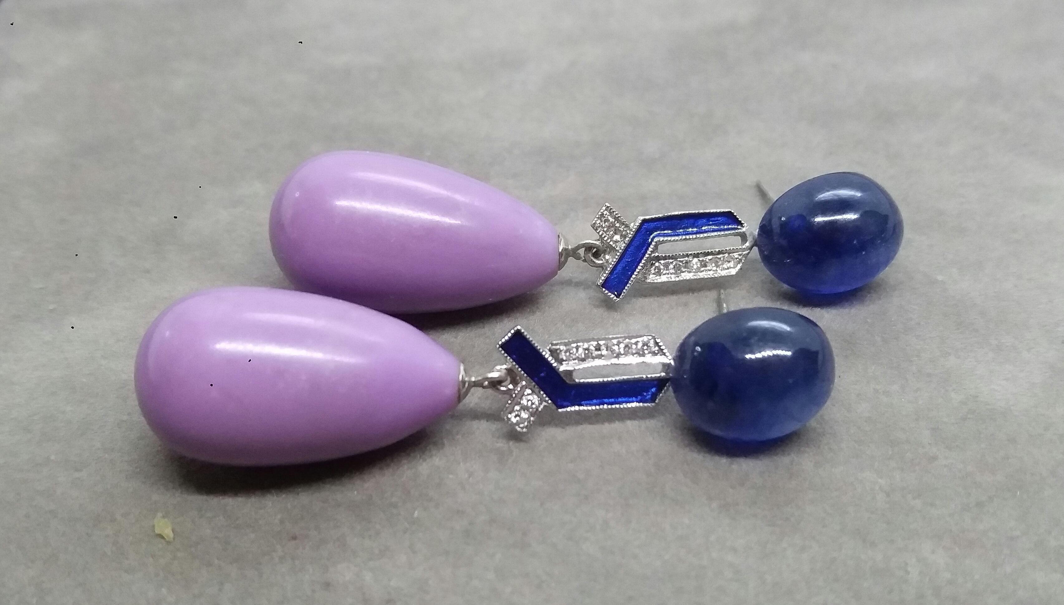 Art Deco Style Blue Sapphire Phosphosiderite Gold Diamond Enamel Drop Earrings In Good Condition For Sale In Bangkok, TH