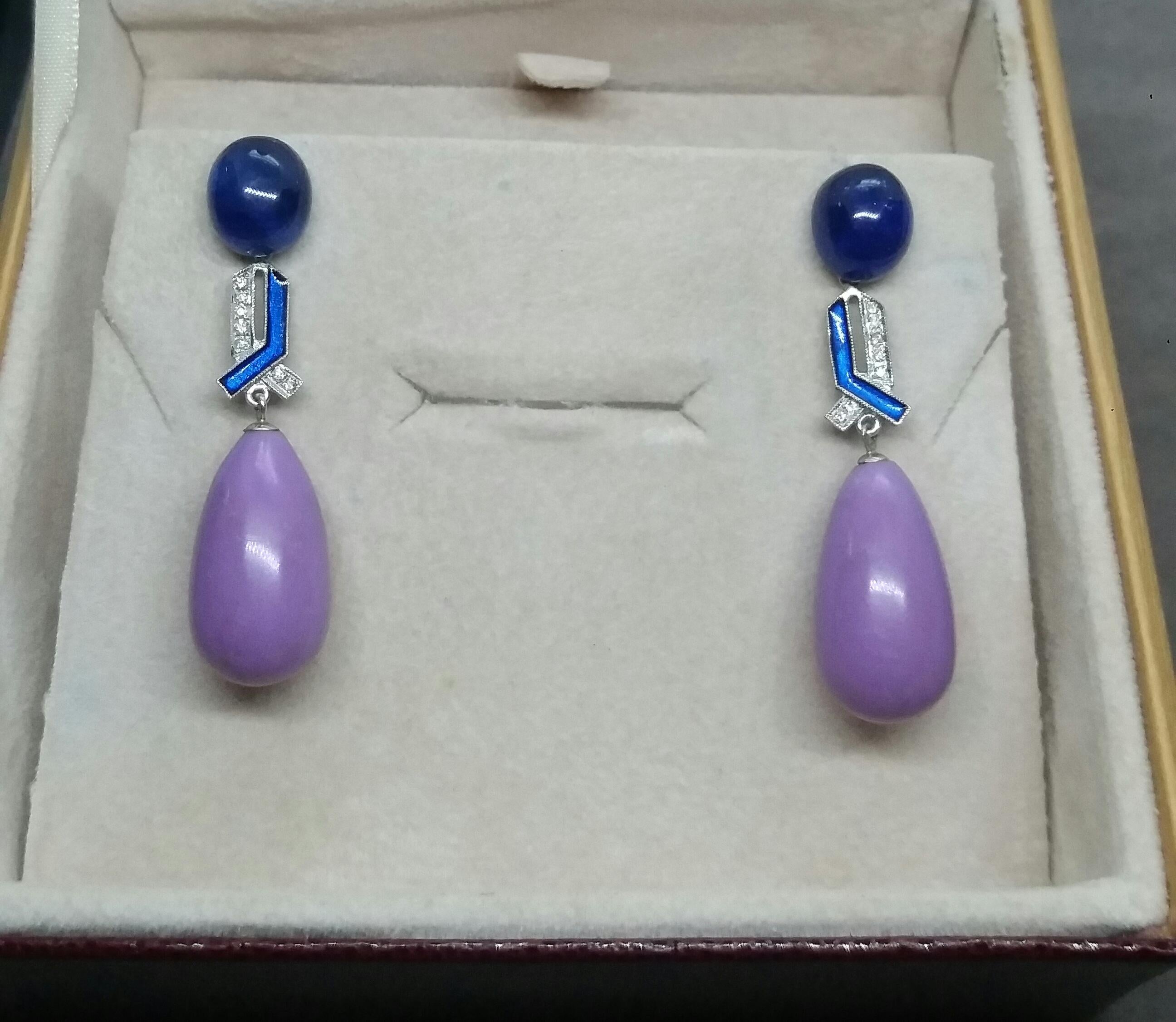 Art Deco Style Blue Sapphire Phosphosiderite Gold Diamond Enamel Drop Earrings For Sale 1