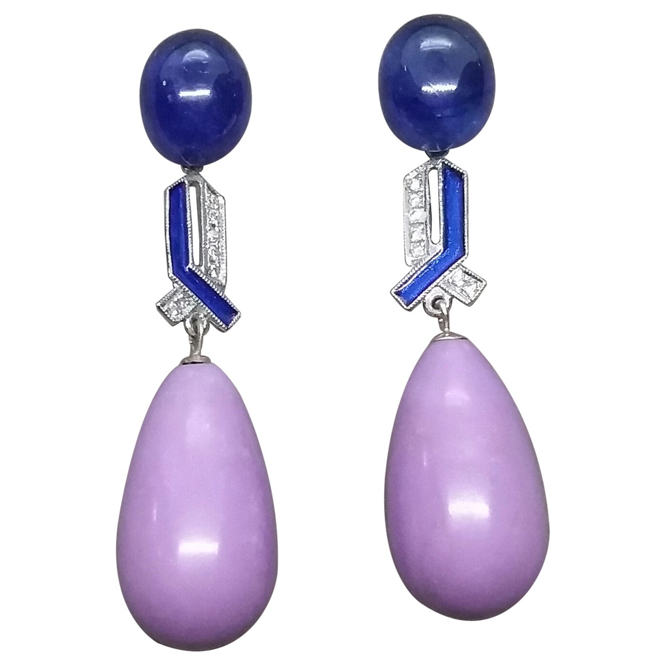 Art Deco Style Blue Sapphire Phosphosiderite Gold Diamond Enamel Drop Earrings For Sale