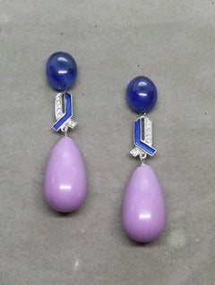 Orecchini in stile Art Deco con zaffiro blu e fosfosiderite, oro e diamanti smaltati