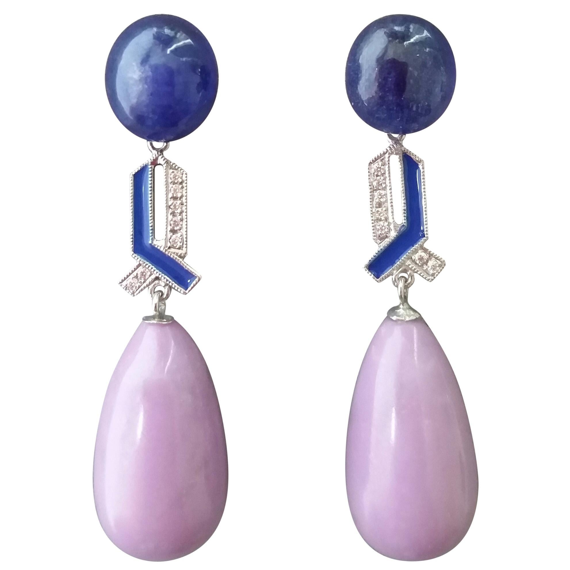 Art Deco Style Blue Sapphire Phosphosiderite Gold Diamonds Blue Enamel Earrings