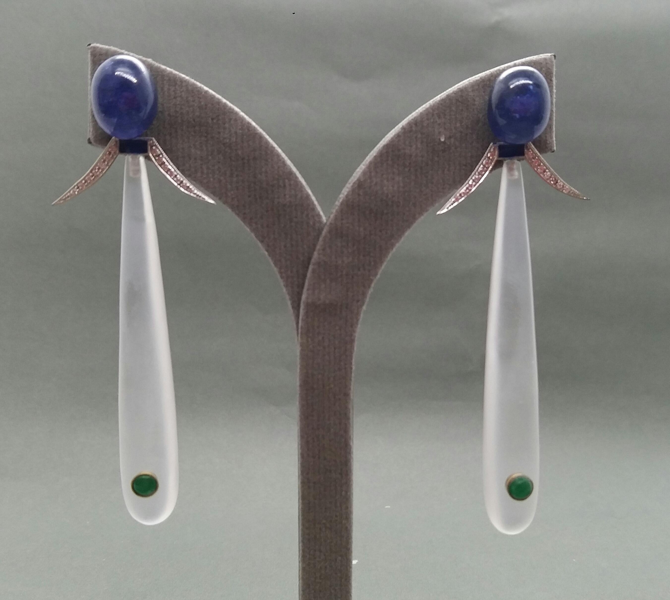 Art Deco Style Blue Sapphire Rock Crystal Gold Diamonds Emeralds Enamel Earrings In Good Condition For Sale In Bangkok, TH