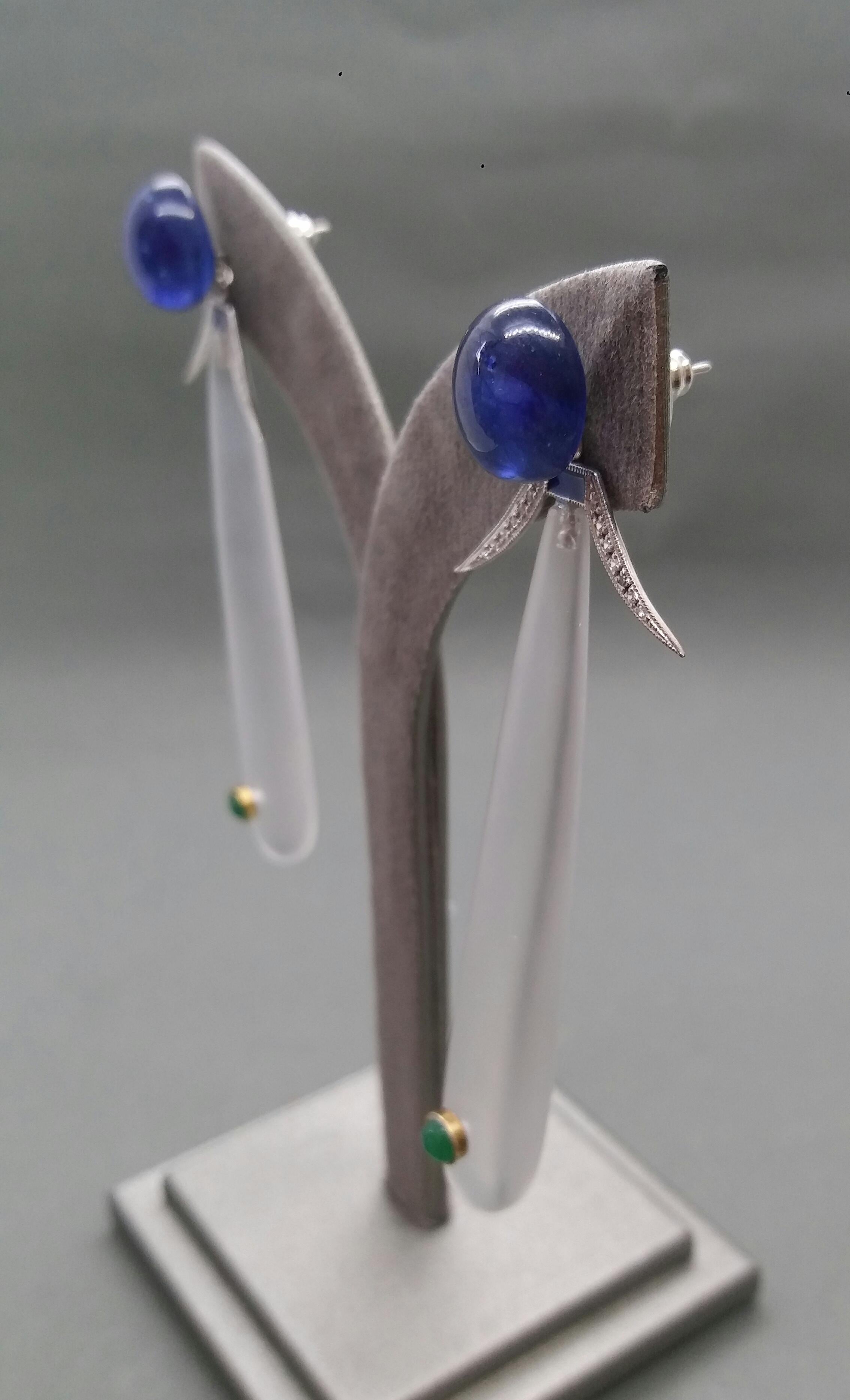 Women's Art Deco Style Blue Sapphire Rock Crystal Gold Diamonds Emeralds Enamel Earrings For Sale