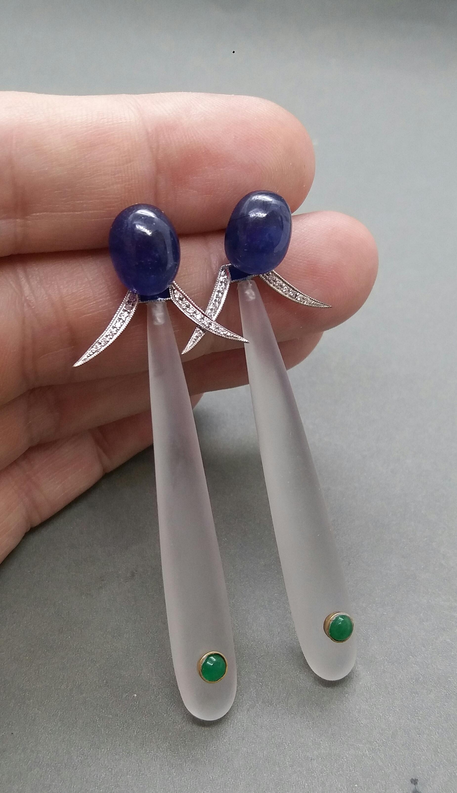Art Deco Style Blue Sapphire Rock Crystal Gold Diamonds Emeralds Enamel Earrings For Sale 1
