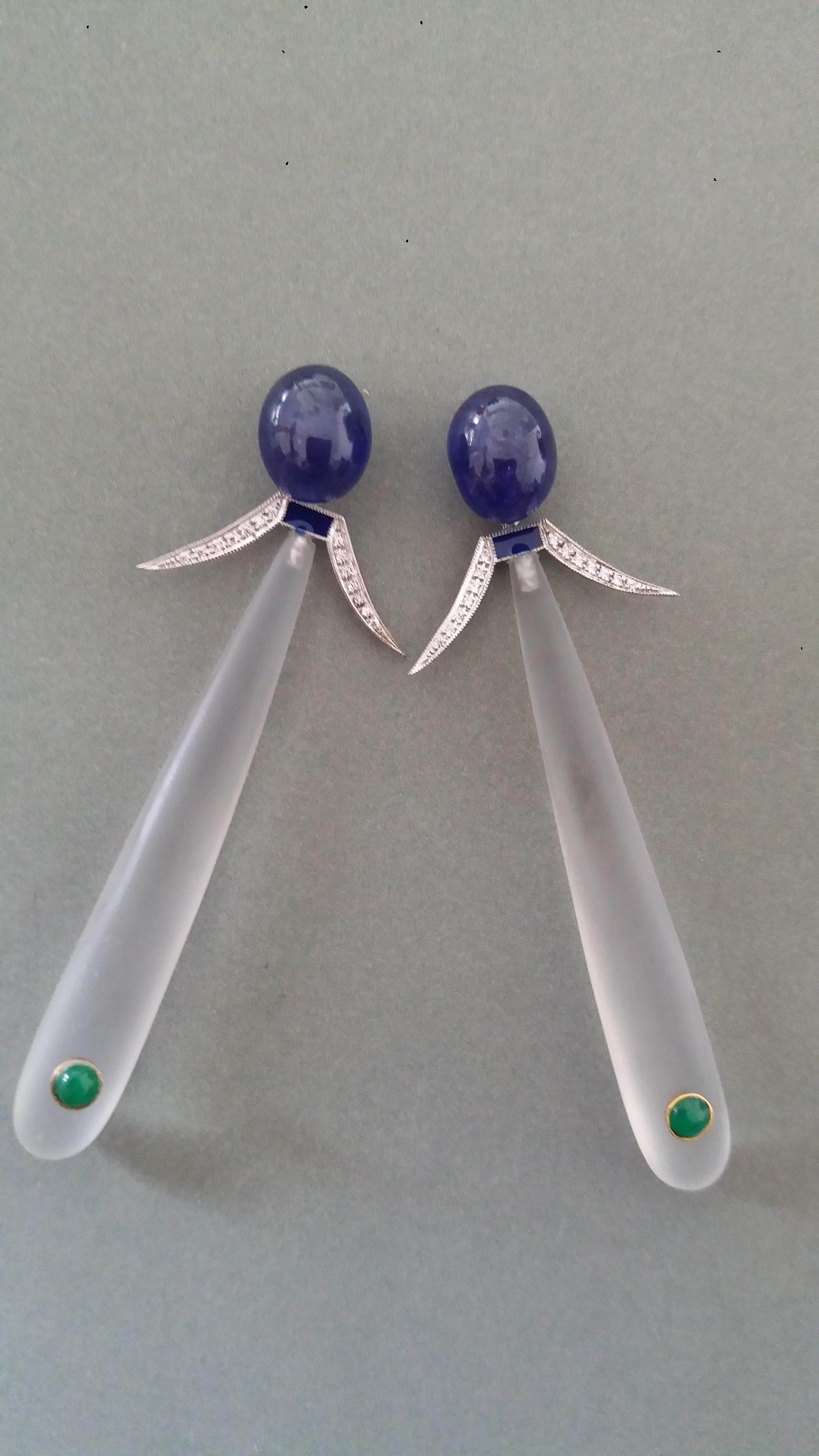 Art Deco Style Blue Sapphire Rock Crystal Gold Diamonds Emeralds Enamel Earrings For Sale 3