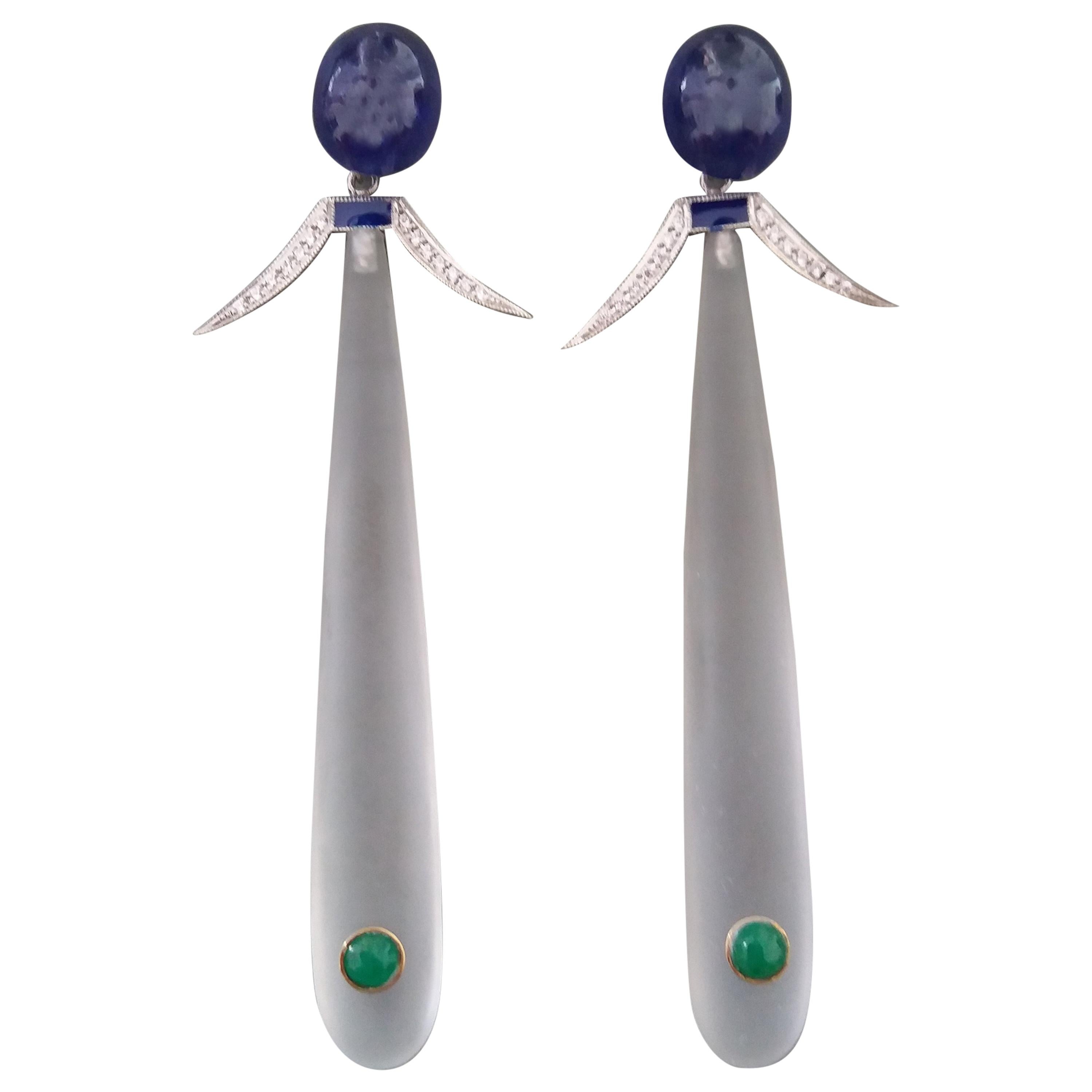 Boucles d'oreilles de style Art déco en saphir bleu, cristal de roche, or, diamants, émeraudes et émail en vente