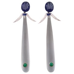 Art Deco Style Blue Sapphire Rock Crystal Gold Diamonds Emeralds Enamel Earrings