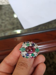 Art Deco style Blue Sapphires, Emeralds, Ruby, Rubelite & Diamonds Cocktail Ring