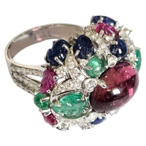 Art Deco style Blue Sapphires, Emeralds, Ruby, Rubelite & Diamonds Cocktail Ring