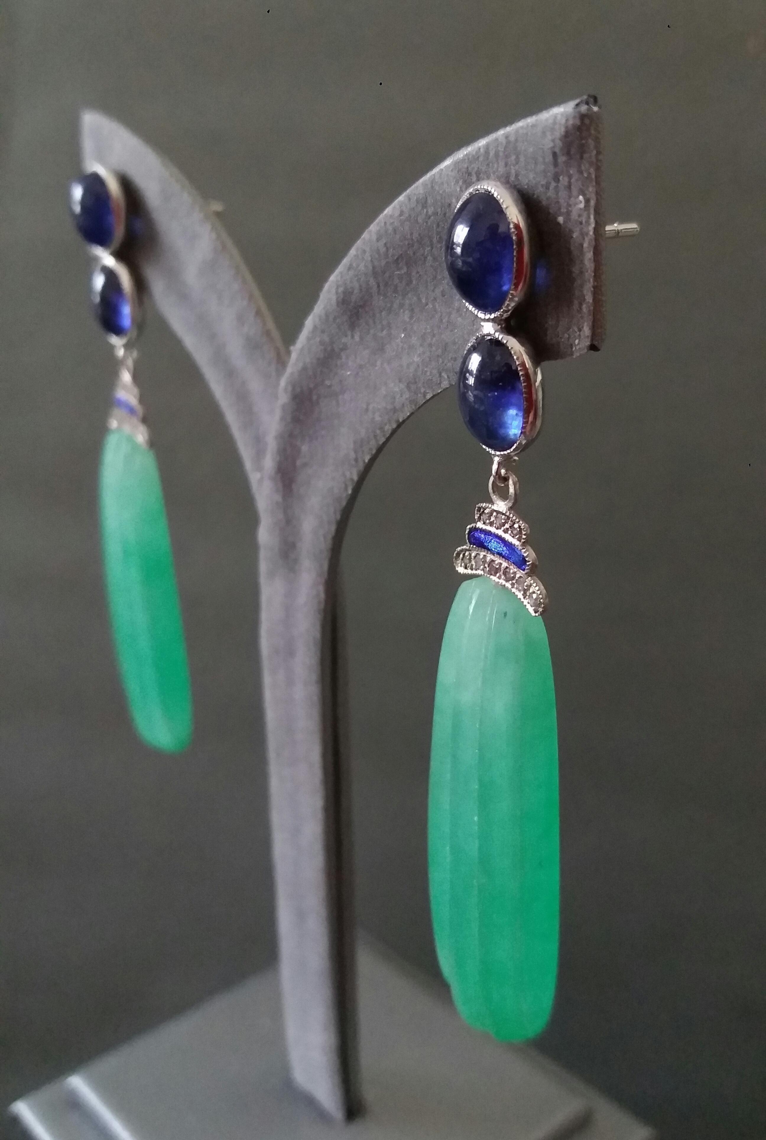 Art Deco Style Blue Sapphires Enamel Gold Diamonds Carved Jade Dangle Earrings For Sale 5
