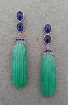 Art Deco Style Blue Sapphires Enamel Gold Diamonds Carved Jade Dangle Earrings