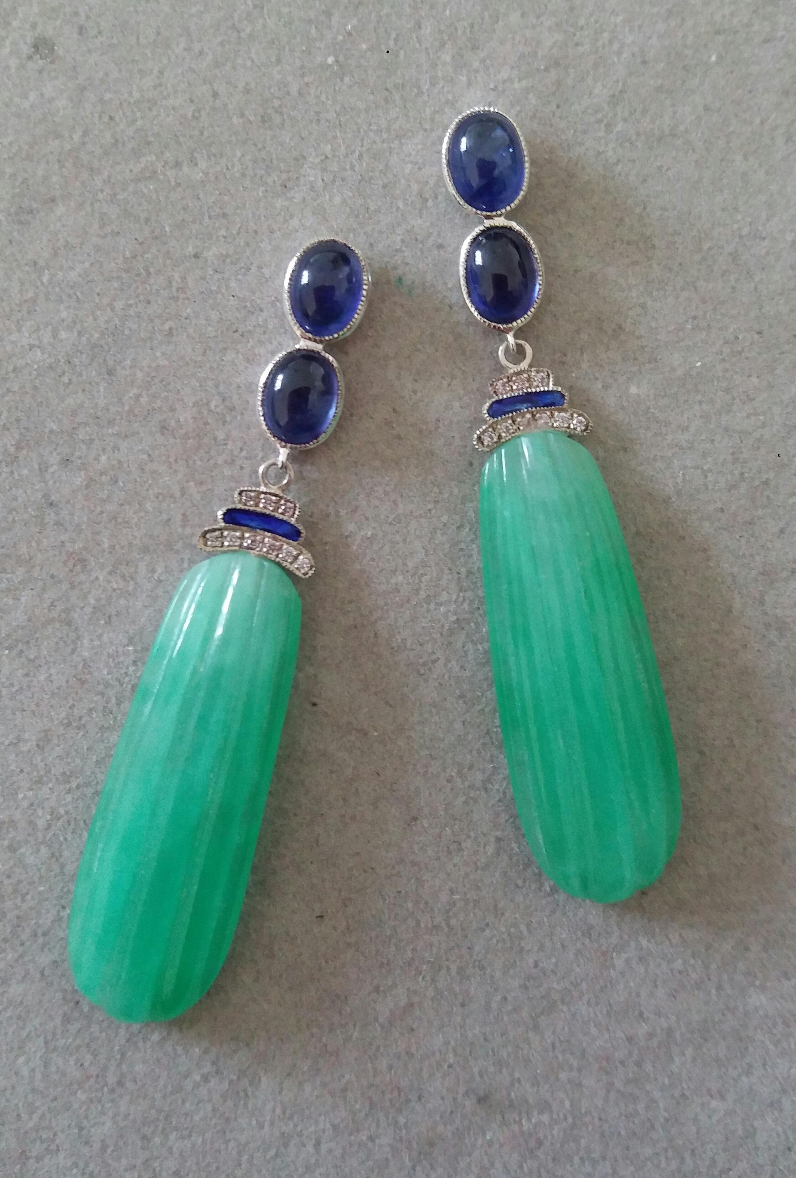 Mixed Cut Art Deco Style Blue Sapphires Enamel Gold Diamonds Carved Jade Dangle Earrings For Sale