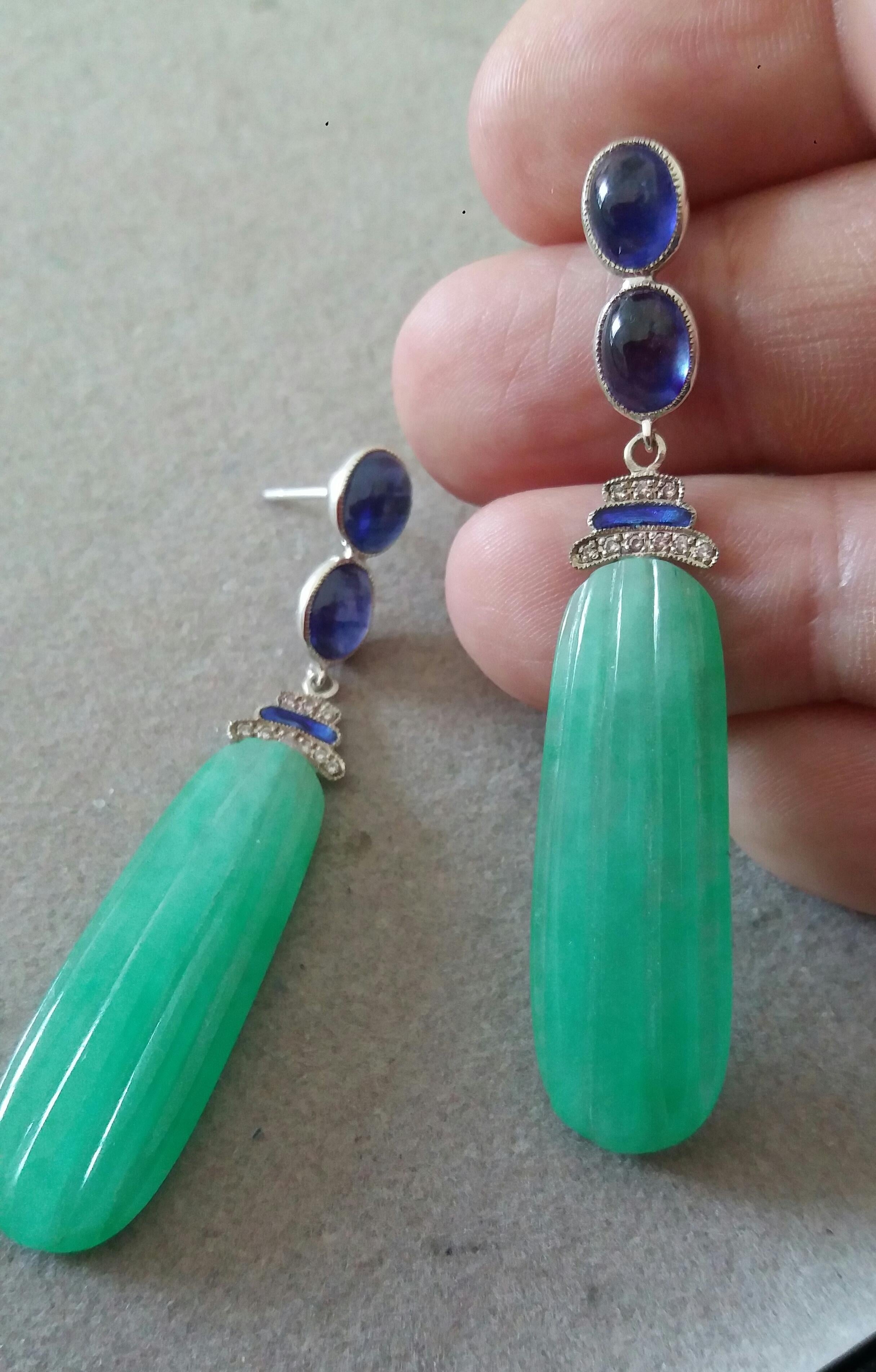 Art Deco Style Blue Sapphires Enamel Gold Diamonds Carved Jade Dangle Earrings For Sale 1