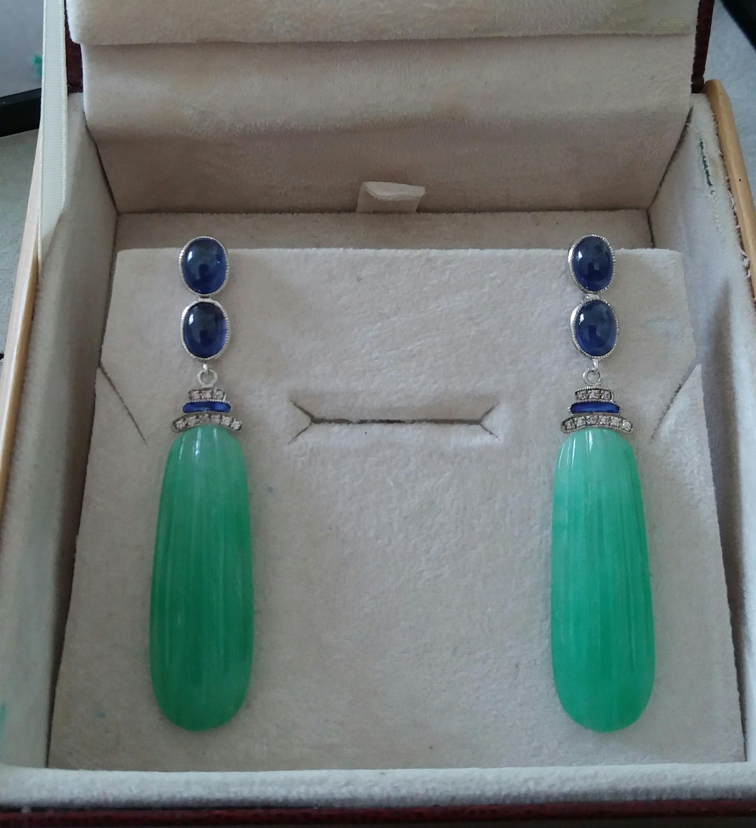 Art Deco Style Blue Sapphires Enamel Gold Diamonds Carved Jade Dangle Earrings For Sale 2
