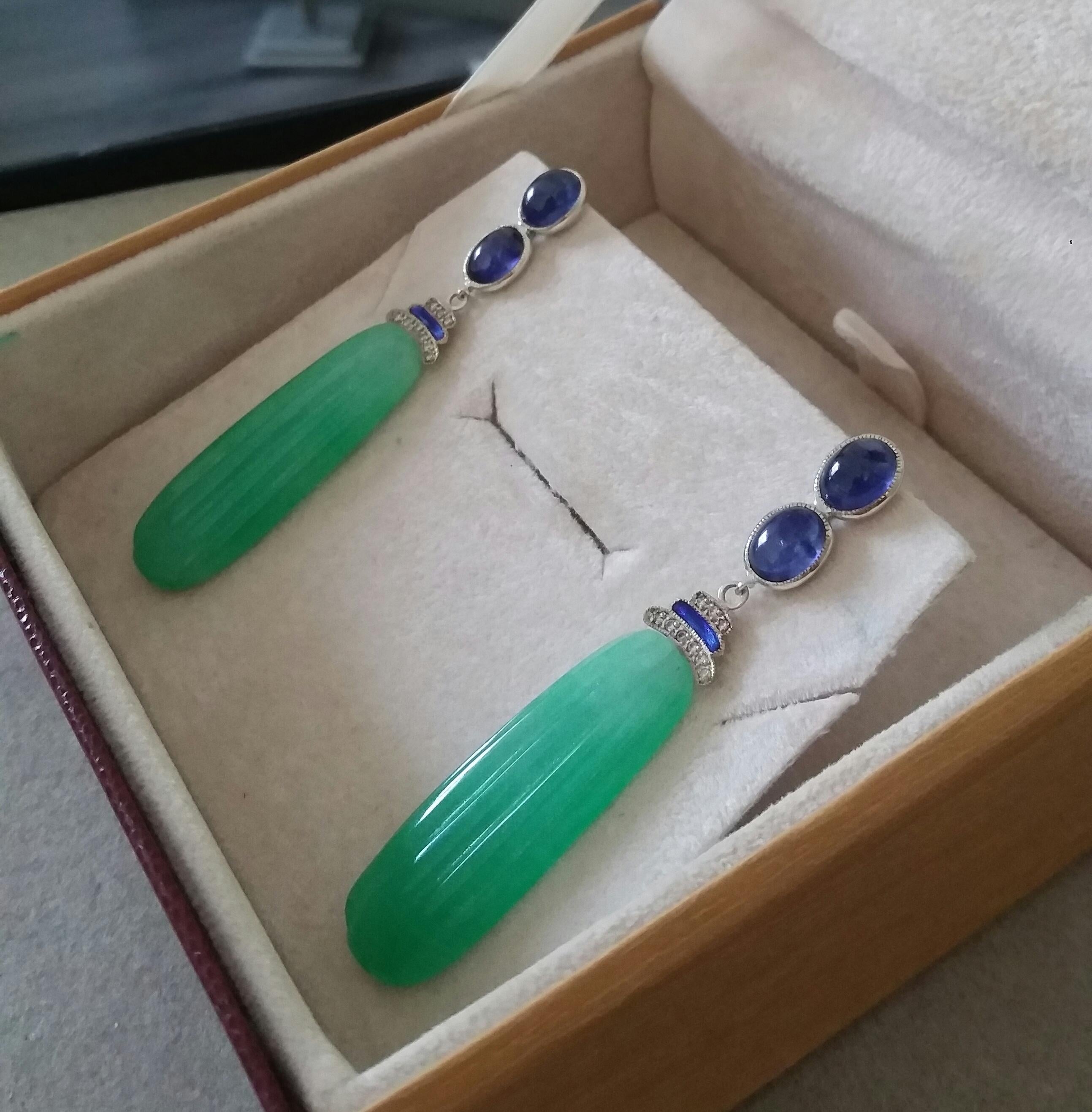 Art Deco Style Blue Sapphires Enamel Gold Diamonds Carved Jade Dangle Earrings For Sale 3