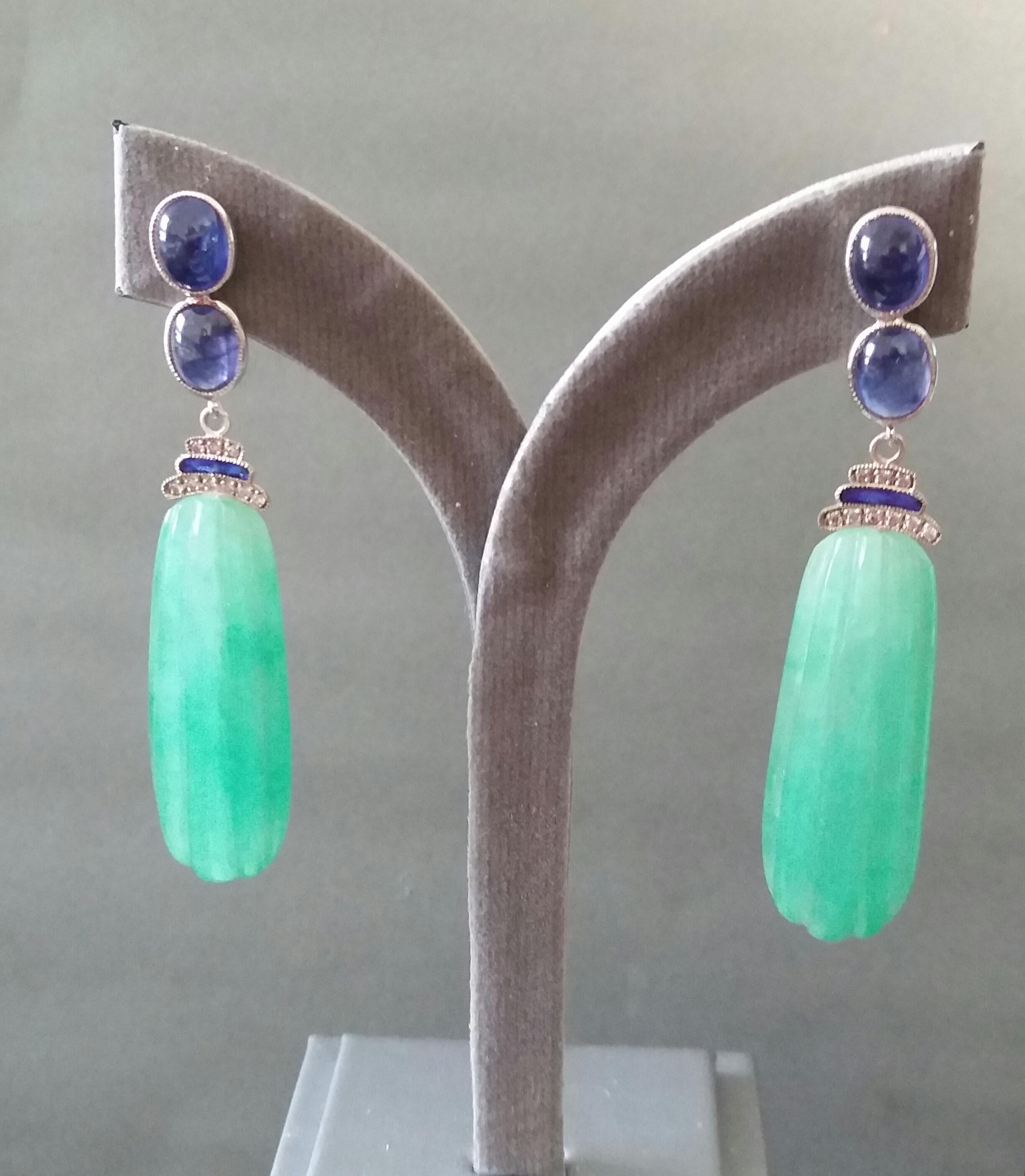 Art Deco Style Blue Sapphires Enamel Gold Diamonds Carved Jade Dangle Earrings For Sale 4