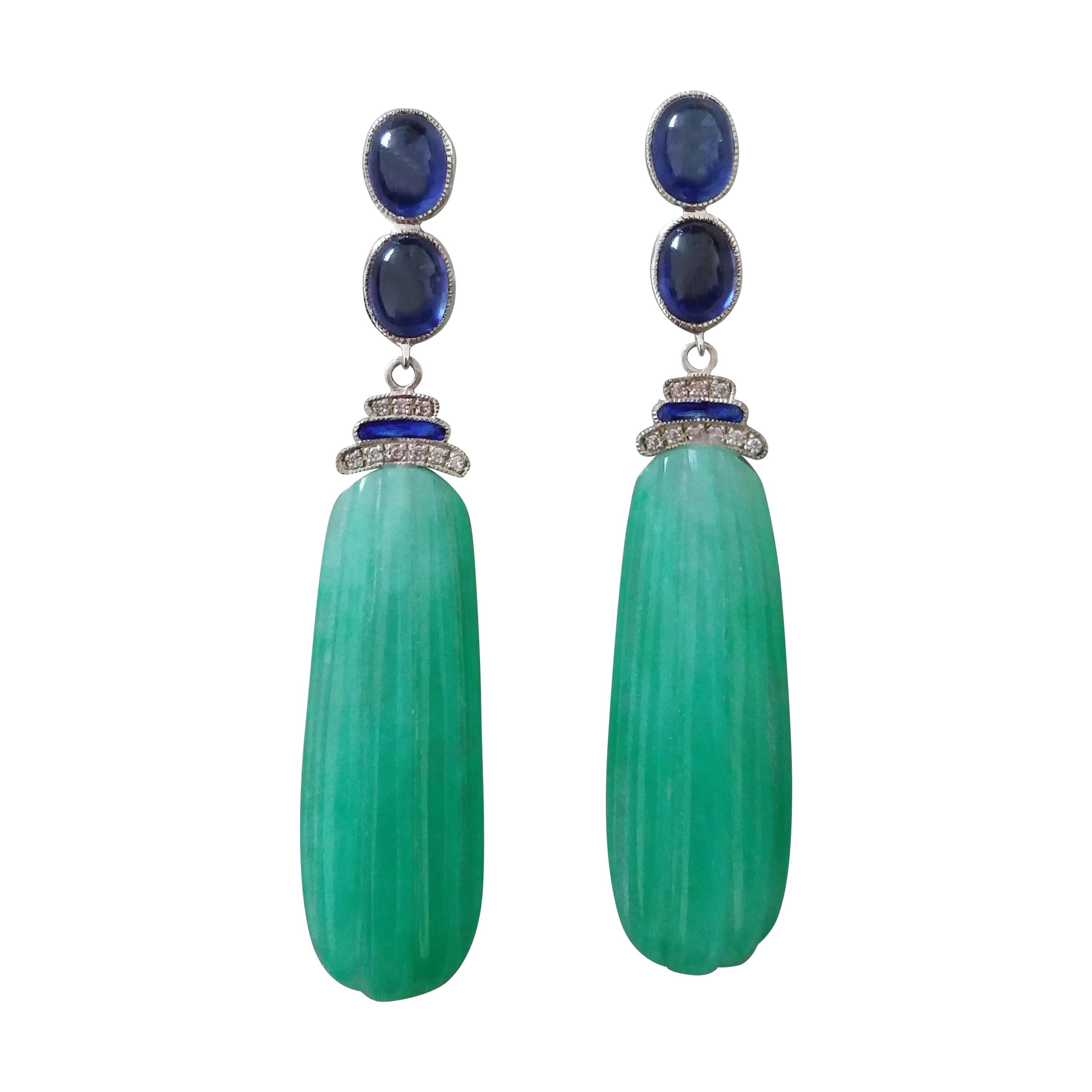Art Deco Style Blue Sapphires Enamel Gold Diamonds Carved Jade Dangle Earrings For Sale