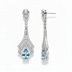 Art Deco Stil Blauer Topas und farbloser Topas Tropfenohrringe in 14k Gold