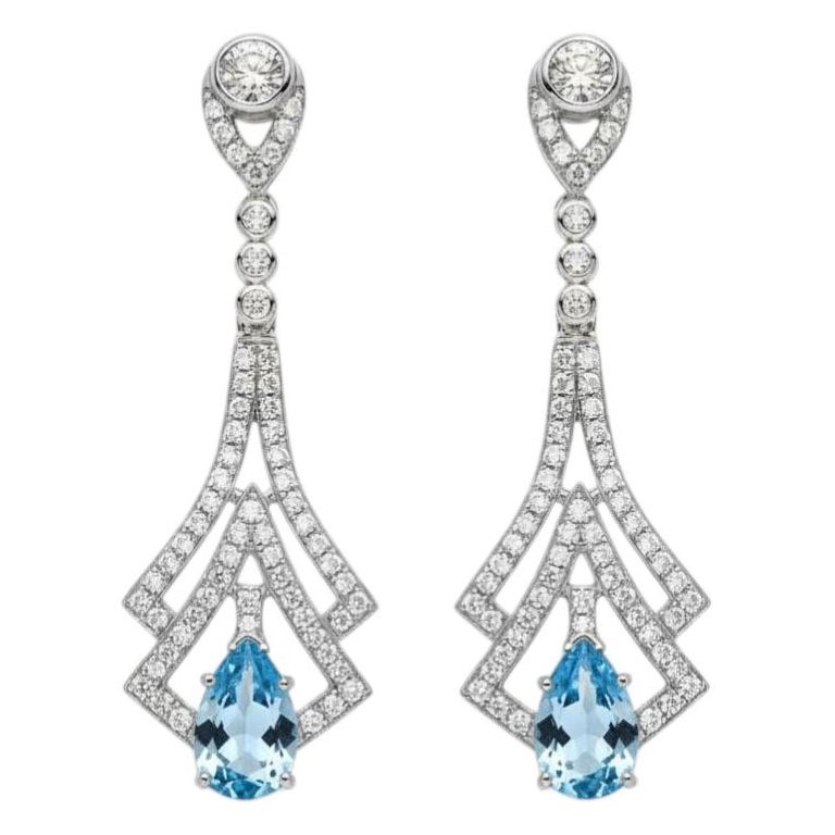 Art Deco Style Blue Topaz and Colorless Topaz Drop Earrings in 14k gold