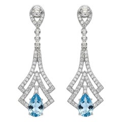 Art Deco Stil Blauer Topas und farbloser Topas Tropfenohrringe in 14k Gold