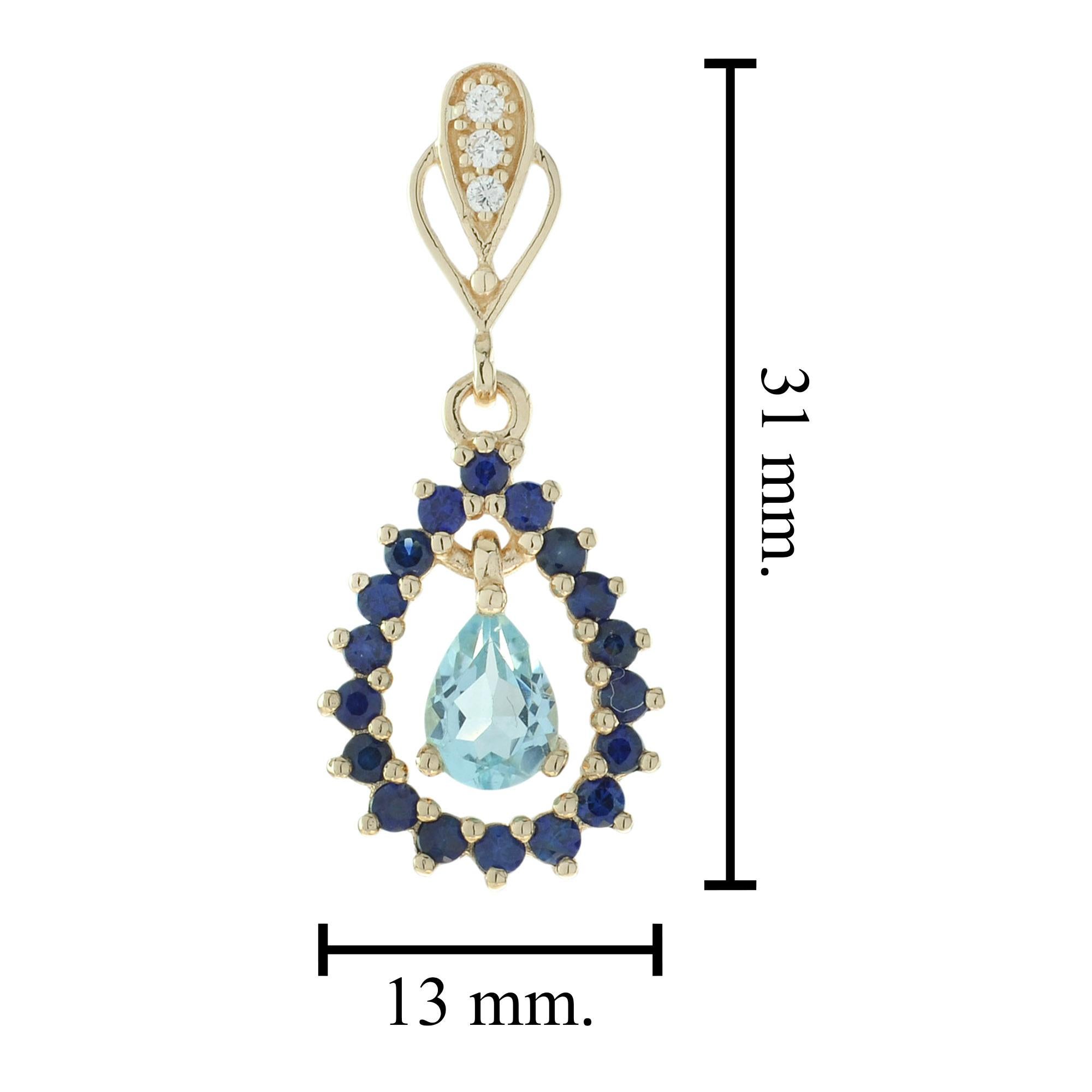 Art Deco Style Blue Topaz and Sapphire Frame Drop Earrings in 14K Yellow Gold In New Condition For Sale In Bangkok, TH