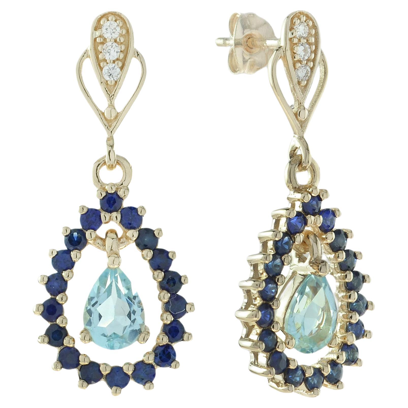 Art Deco Style Blue Topaz and Sapphire Frame Drop Earrings in 14K Yellow Gold For Sale