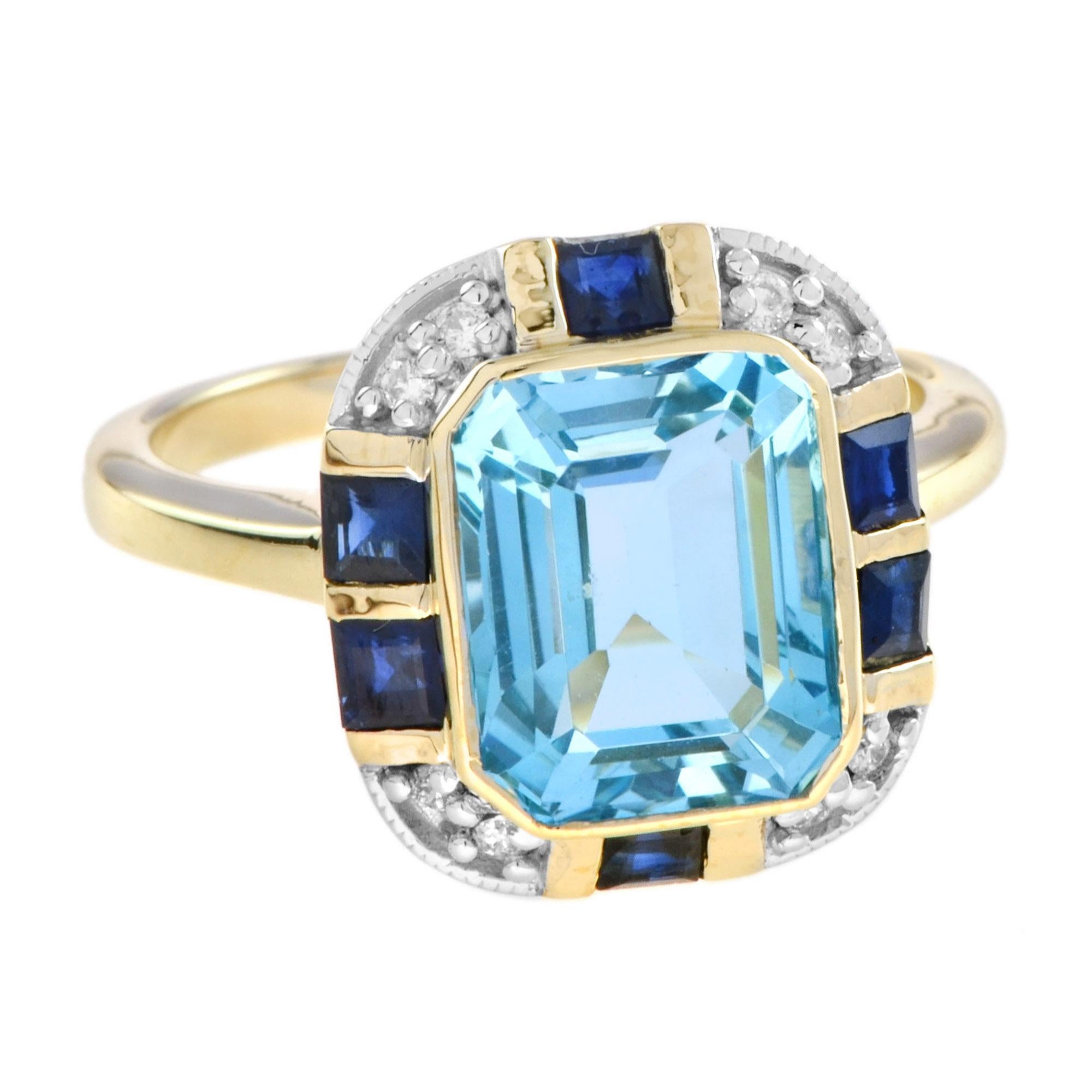 14k gold diamond ring with white topaz and blue sapphire